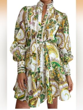 Boho Paisley Tie-Waist Mini Dress in Green & Yellow